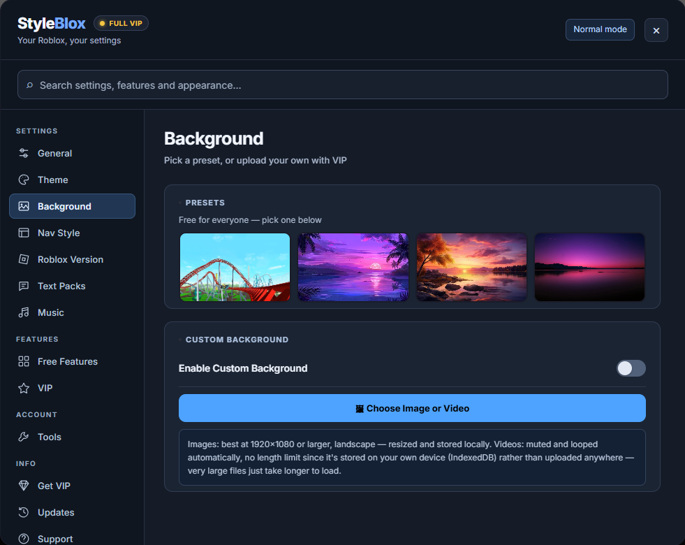 The actual StyleBlox Background settings panel showing its four preset images and custom background controls