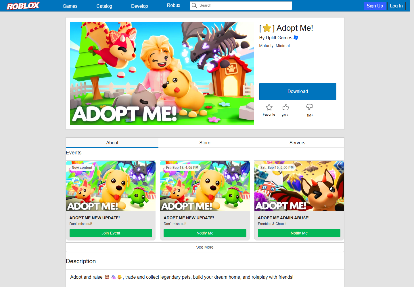 An actual Roblox game page with StyleBlox Classic mode enabled, showing the blue navigation and classic white panels