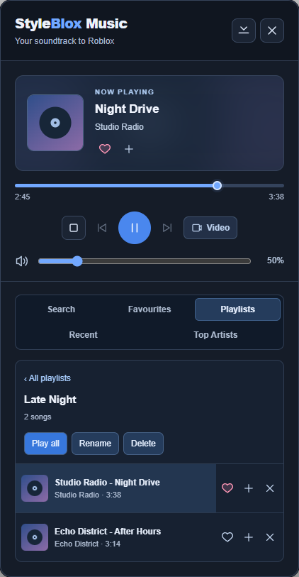 StyleBlox music player showing a playlist, track controls and progress slider