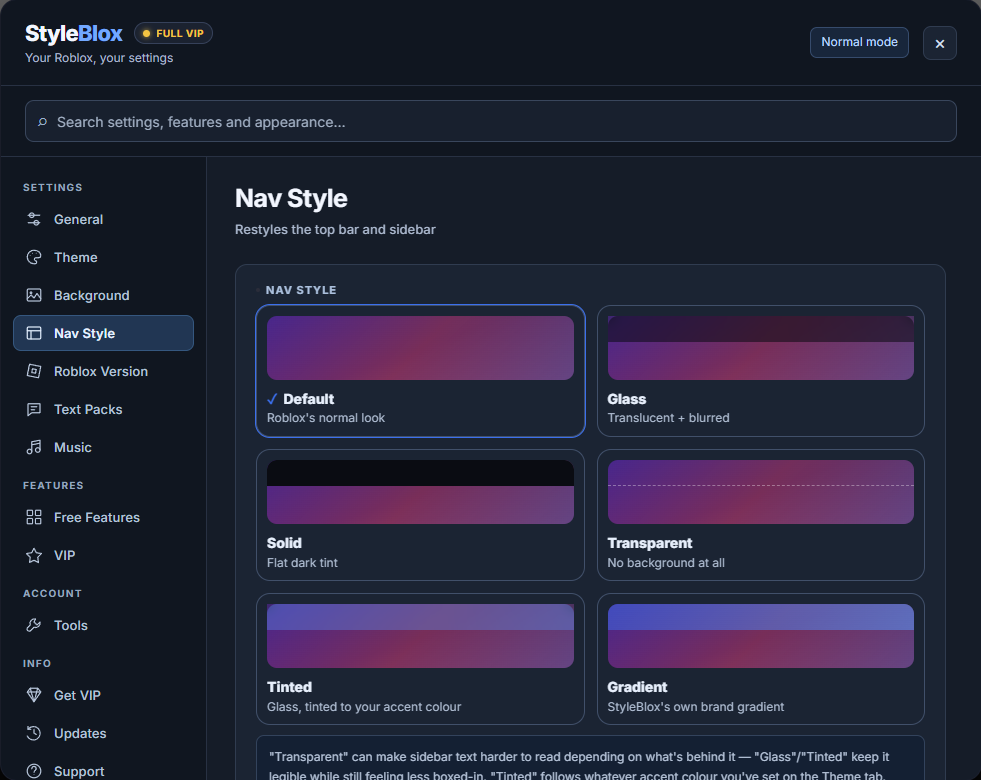 The actual StyleBlox Nav Style panel showing Default, Glass, Solid, Transparent, Tinted and Gradient styles