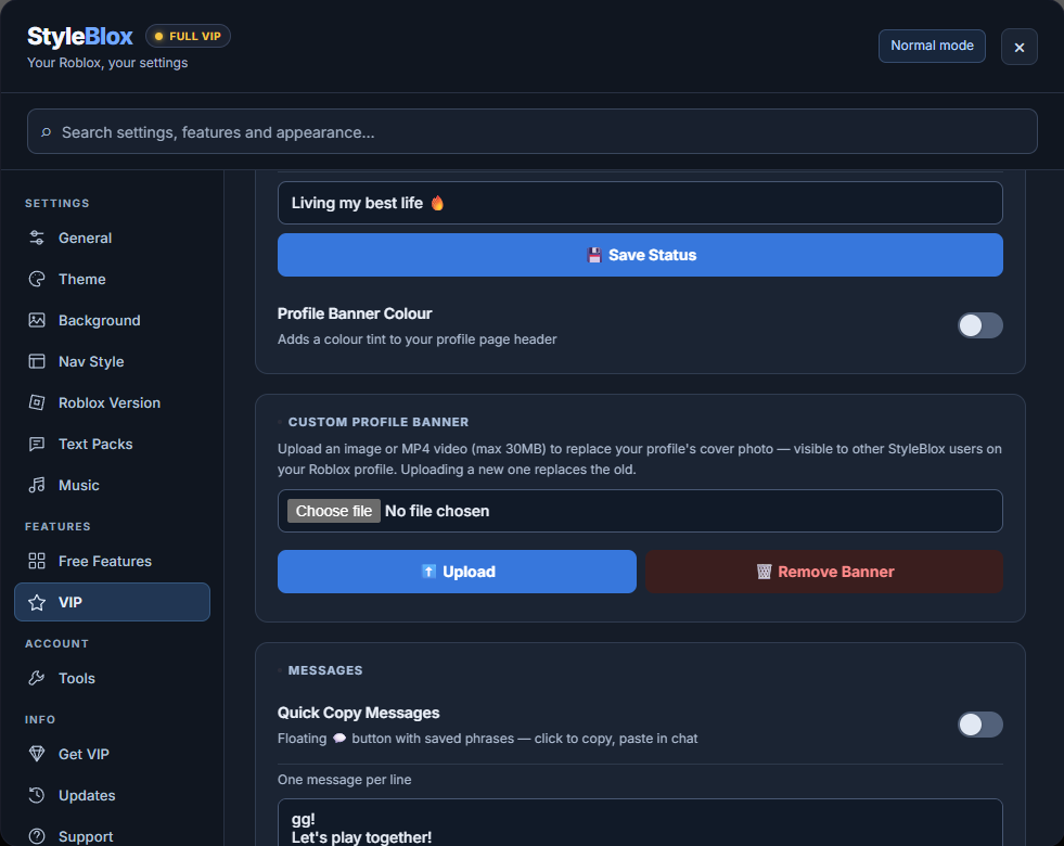 StyleBlox VIP settings showing the actual custom profile banner upload and removal controls
