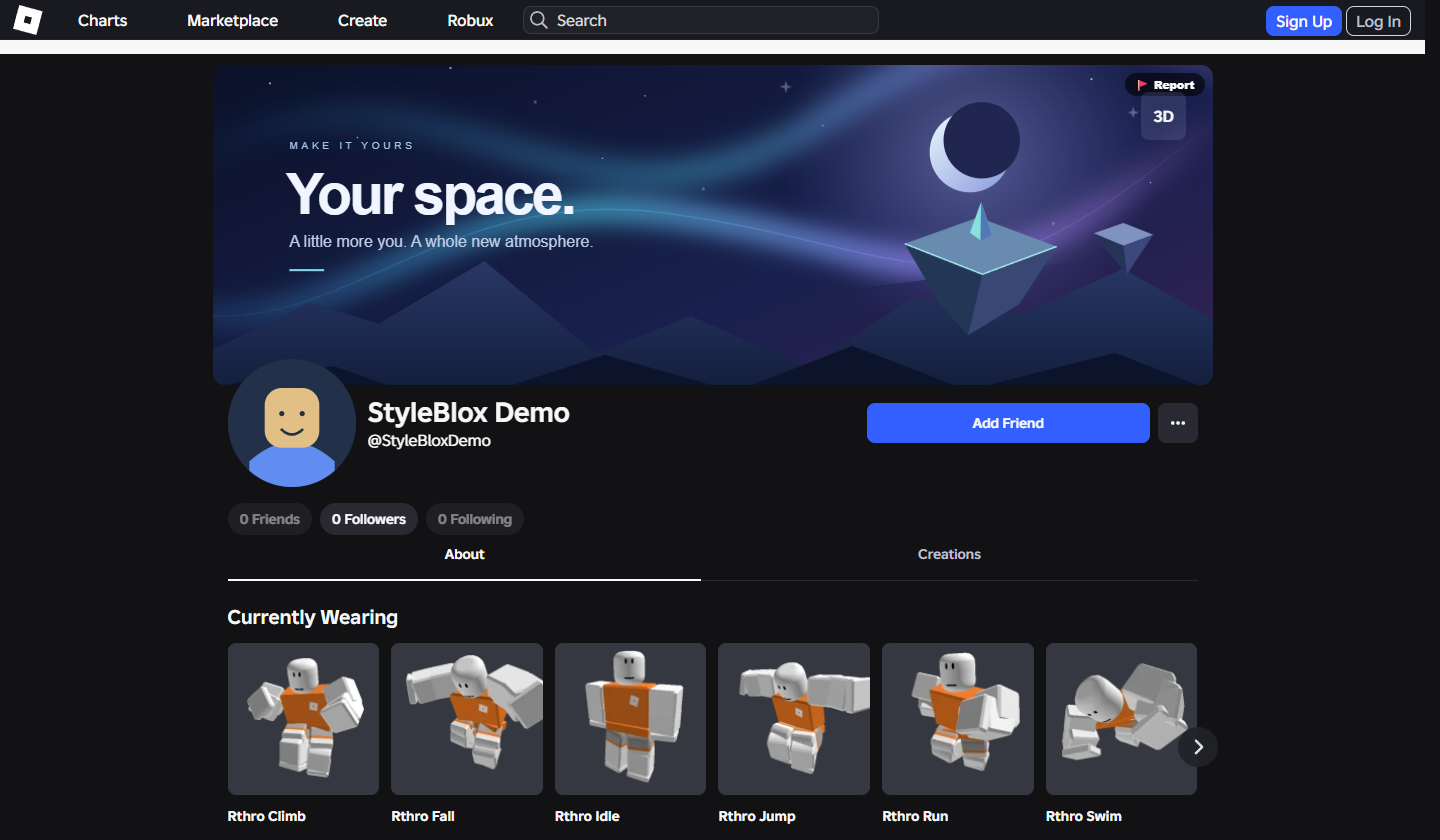 Original animated banner shown in the actual Roblox profile layout with a generic StyleBlox Demo identity