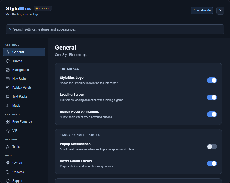 The actual StyleBlox settings panel with its sidebar, search and interface controls