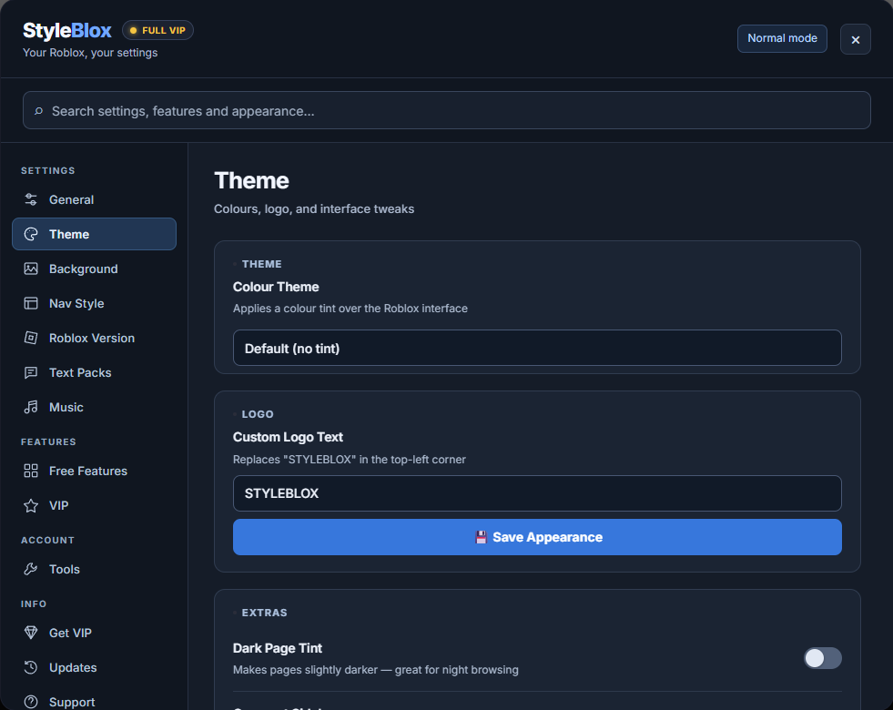The actual StyleBlox Theme settings panel showing the colour theme selector, custom logo text and dark page tint